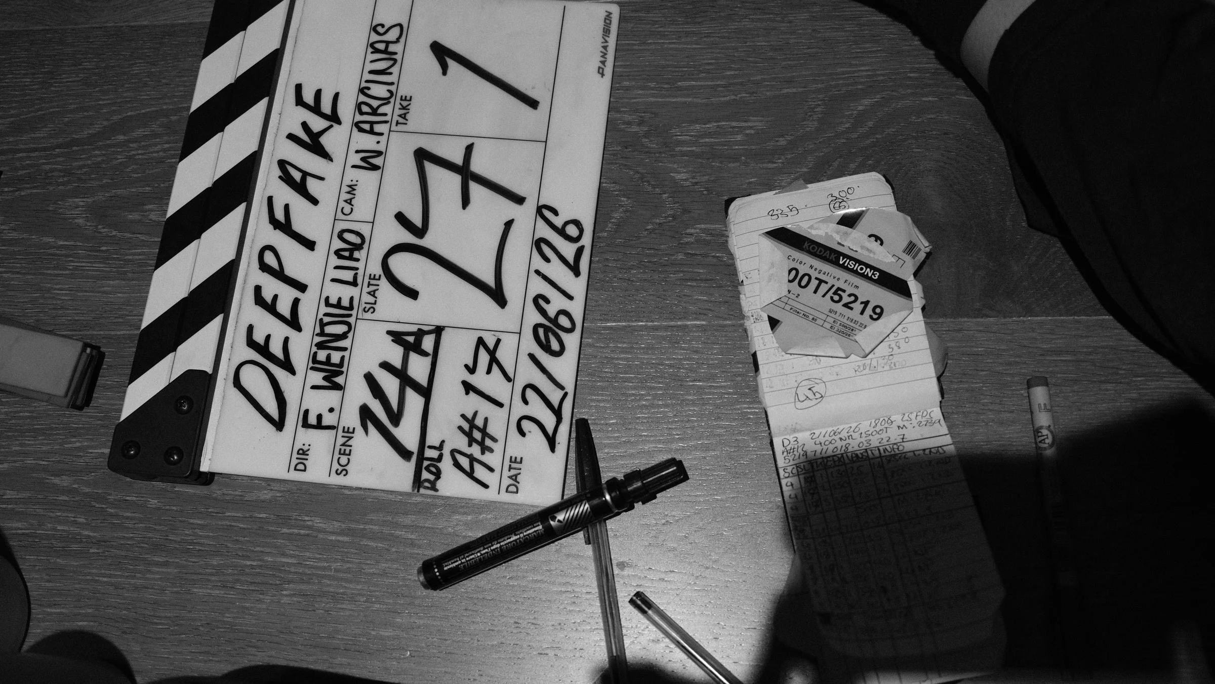 Clapperboard and production tools on a table